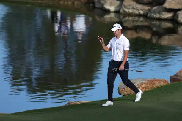 Patrick Cantlay celebrating a successful shot at a PGA Tour event