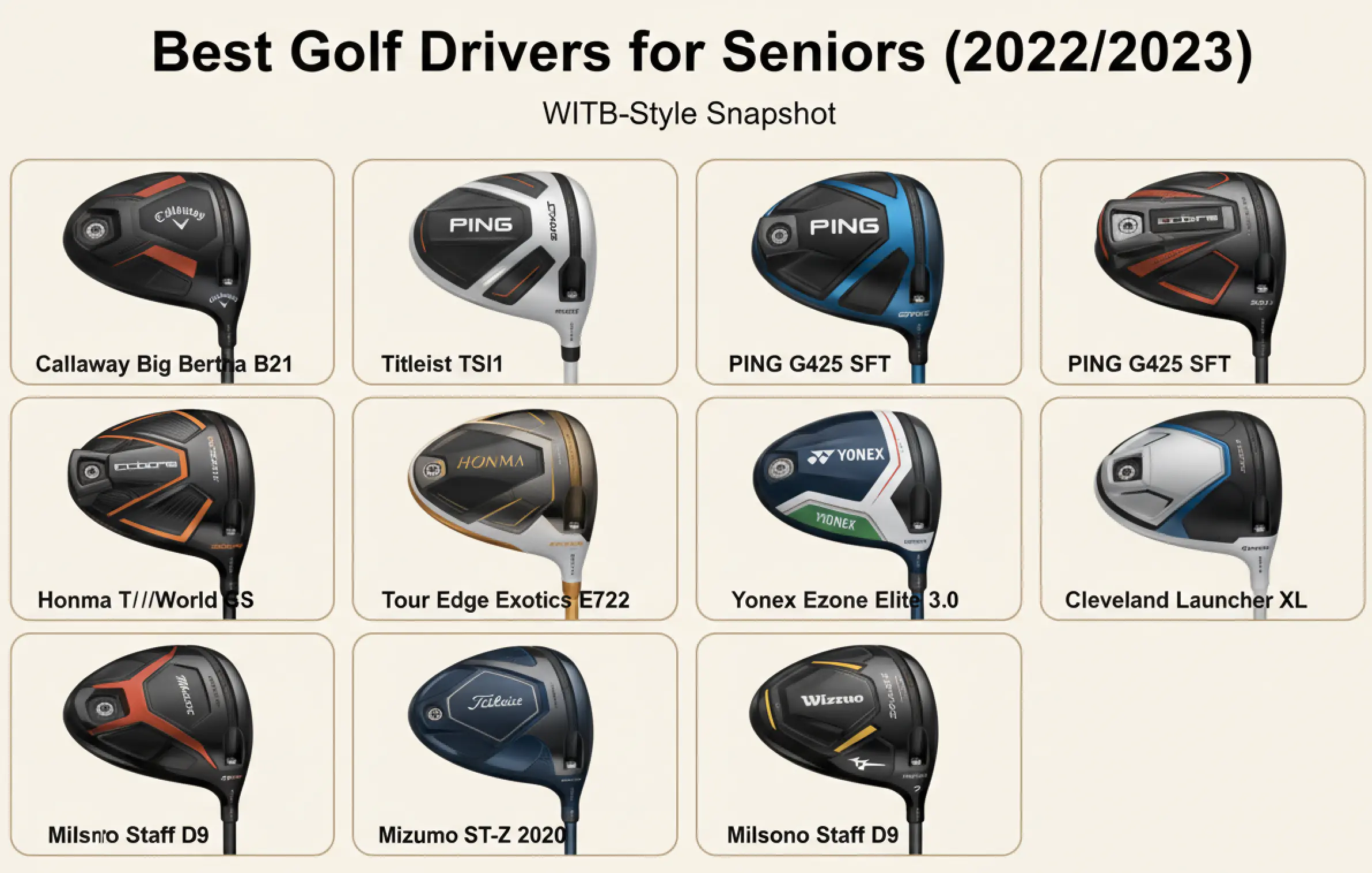 Collage of top golf drivers for senior golfers in 2022/2023
