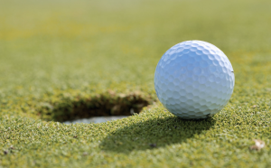 A golf ball resting on the green grass near a horse racetrack